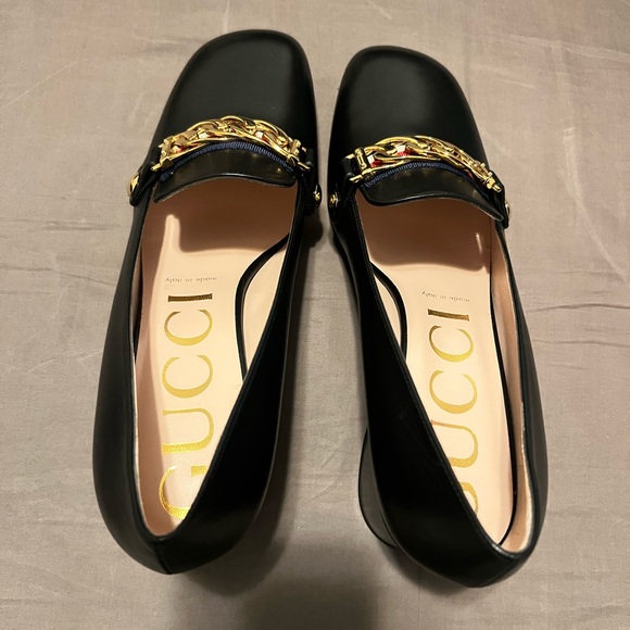 NEW GUCCI shoes heels pumps Black Leather Sylvie Web Stripe Chain Block Size 38 - Picture 10 of 11